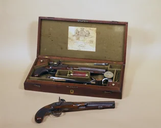 Par de pistolas de percusión en estuche hechas por John Manton & Son, Londres, Inglaterra